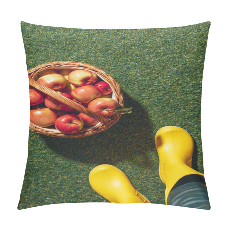 Personality  Person In Rubber Boots Standing Near Wicker Basket With Red Apples Pillow Covers