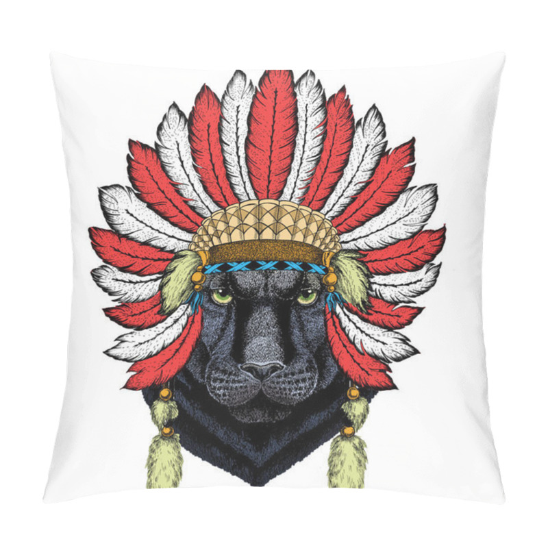 Personality  Black Panther, Puma. Head Of Animal. Wild Cat Portrait. Indian Headdress With Feathers. Boho Style. Pillow Covers