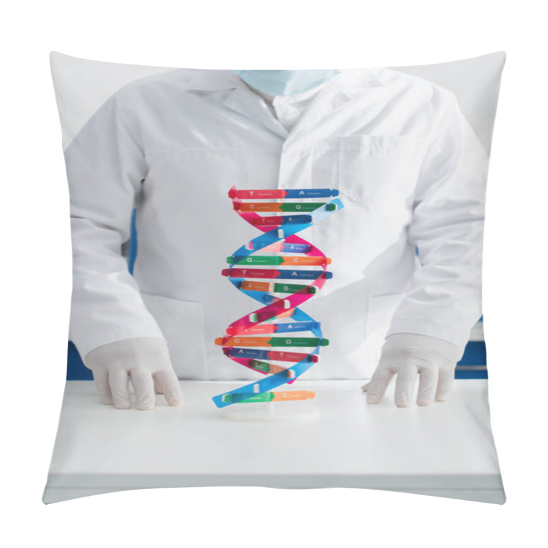 Personality  Cropped View Of Geneticist In White Coat, Medical Mask And Latex Gloves Near Dna Model Pillow Covers