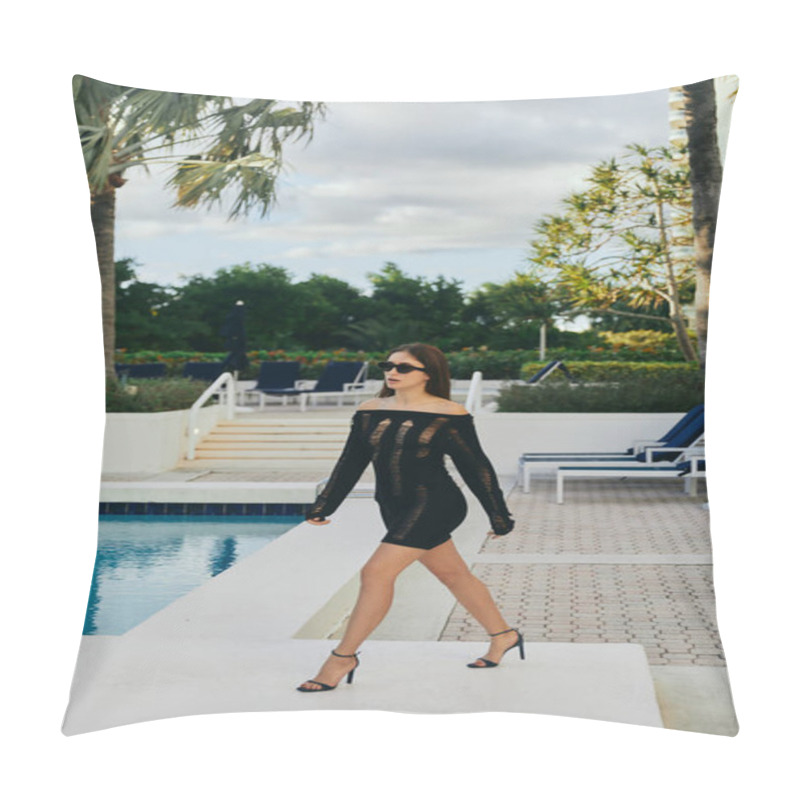 Personality  Seductive Woman In Black Knitted Dress And Sunglasses Walking In High Heels Next To Outdoor Swimming Pool With Shimmering Water Against Palm Trees In Miami, Vacation In Luxury Resort, Sunbeds Pillow Covers