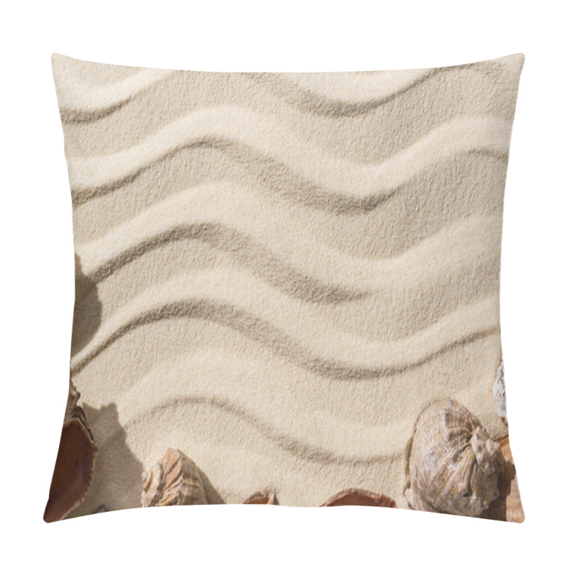 Personality  Top View Of Sandy Background With Smooth Waves, Seashells And Copy Space Pillow Covers