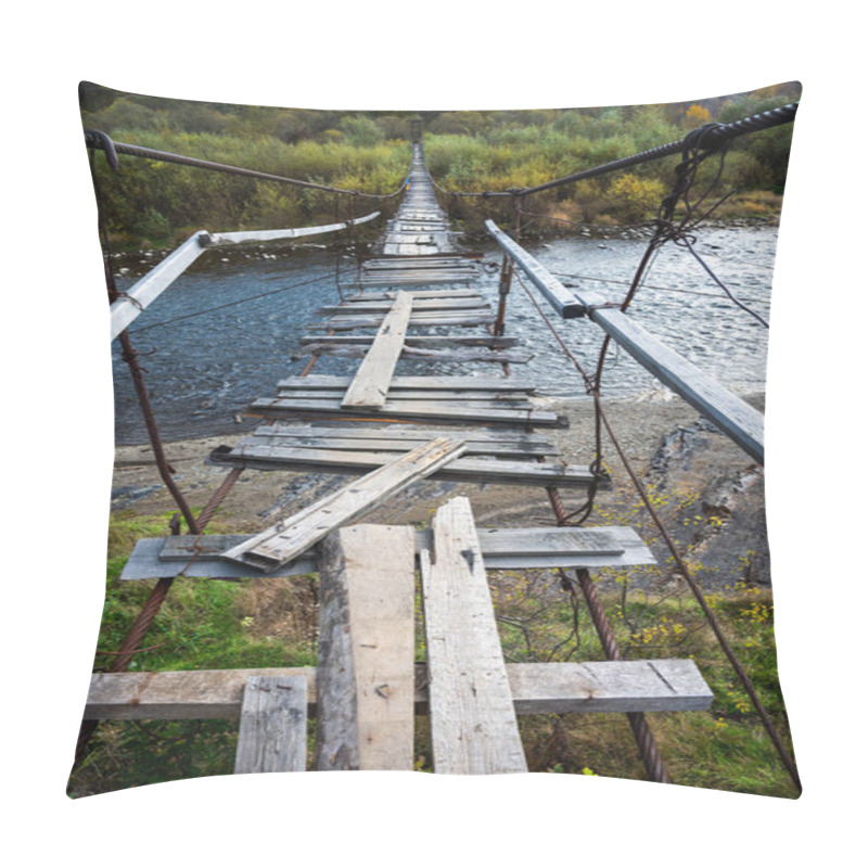 Personality  An Old, Broken Suspension Bridge Stretches Across A River, Creating A Sense Of Adventure And Danger. The Deteriorating Wooden Planks Add An Atmosphere Of Risk And Mystery In A Scenic, Rural Landscape Pillow Covers