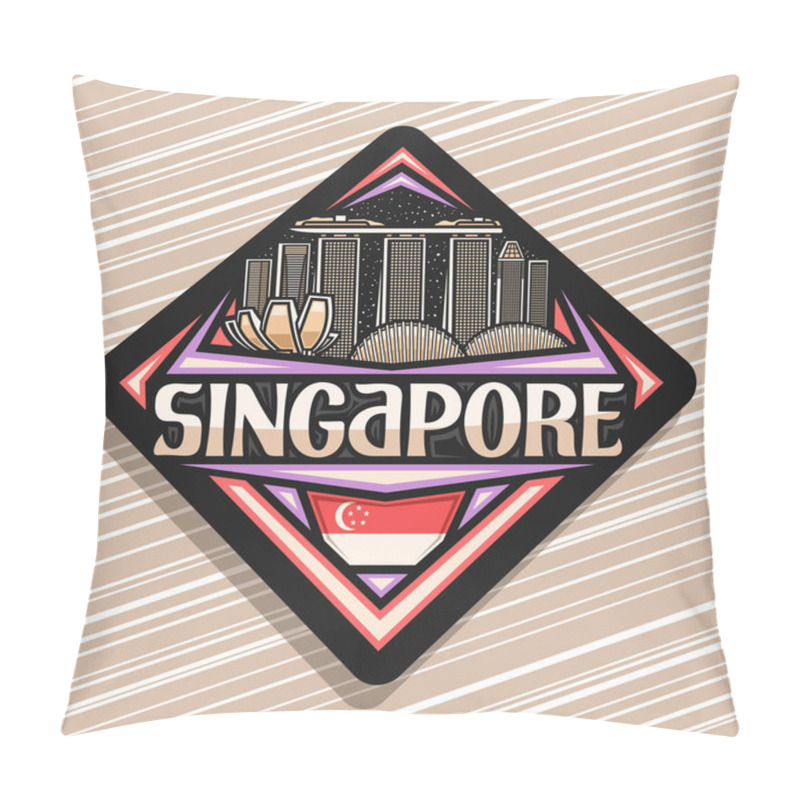 Personality  Vector Logo For Singapore, Black Road Sign With Outline Illustration Of Modern Singapore City Scape On Evening Sky Background, Art Design Tourist Fridge Magnet With Unique Letters For Word Singapore. Pillow Covers