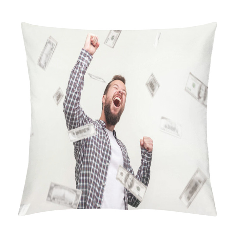 Personality  Hurray I Am Winner And Rich Now! Portrait Of Winner Man Raising Hands, Screaming Yes I Did It, Joyful Reacting To Success, Victory. Money Rain Falling From Up. Indoor, Isolated On White Background Pillow Covers