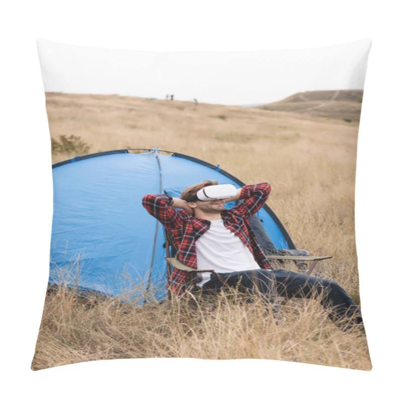 Personality  Smiling Man In Vr Headset Sitting On Chair Near Tent On Grassy Meadow  Pillow Covers