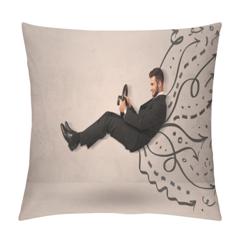 Personality  Funny Man Driving A Flying Vehicle With Hand Drawn Lines After H Pillow Covers