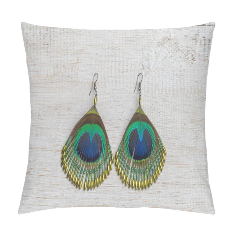 Personality  Peacock Feather Earrings On White Wooden Background, Closeup Pillow Covers