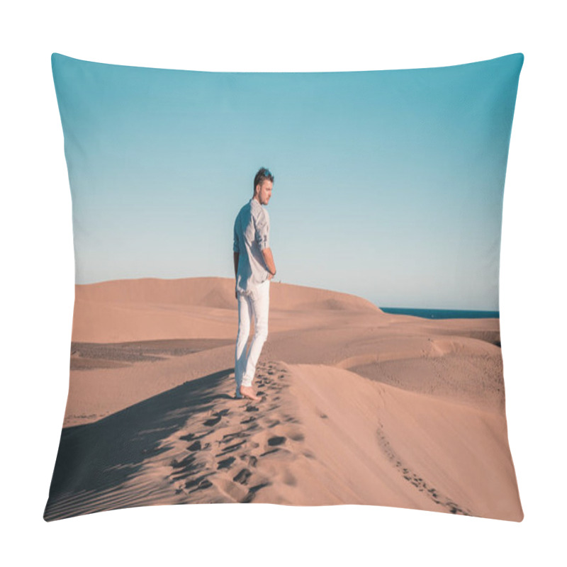 Personality  Guy Walking At The Beach Of Maspalomas Gran Canaria Spain, Men At The Sand Dunes Desert Of Maspalomas Pillow Covers