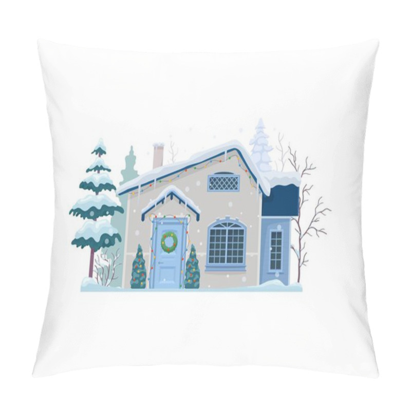 Personality  Isolated Christmas Winter House Building Exterior With Snowy Roof. Xmas Festive Village Home Cartoon Vector Exterior, Christmas House Snowy Facade Or Winter Holiday Town Cottage Outdoor Scene Pillow Covers