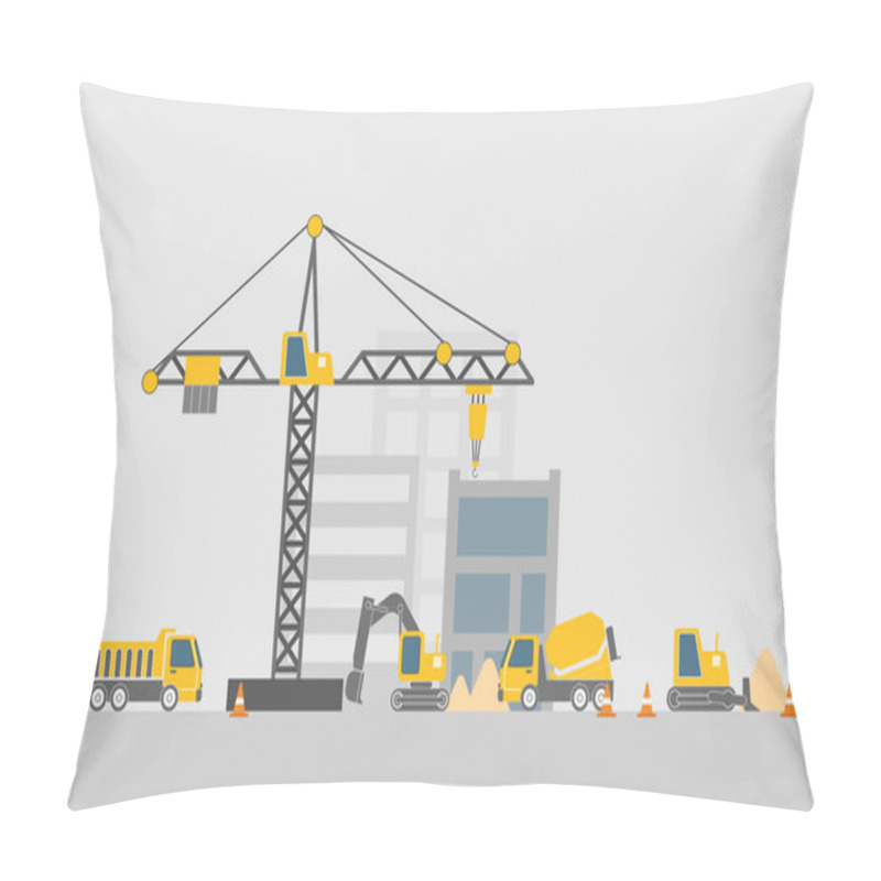 Personality  Construction Site With Construction Machines, Flat Design, Vector Illustration Pillow Covers