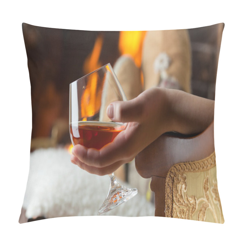 Personality  Resting At The Burning Fireplace Fire With A Glass Of Cognac Pillow Covers