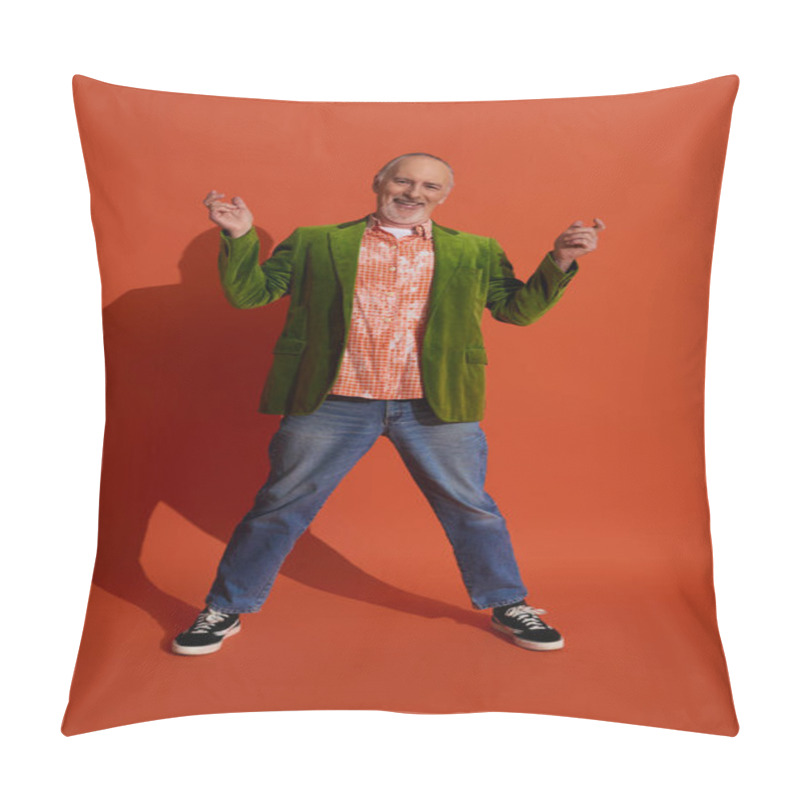 Personality  Happy Aging, Full Length Of Joyous Grey Haired And Bearded Senior Man Having Fun On Red Orange Background, Green Velour Blazer, Trendy Shirt, Blue Denim Jeans, Fashion And Age Concept Pillow Covers