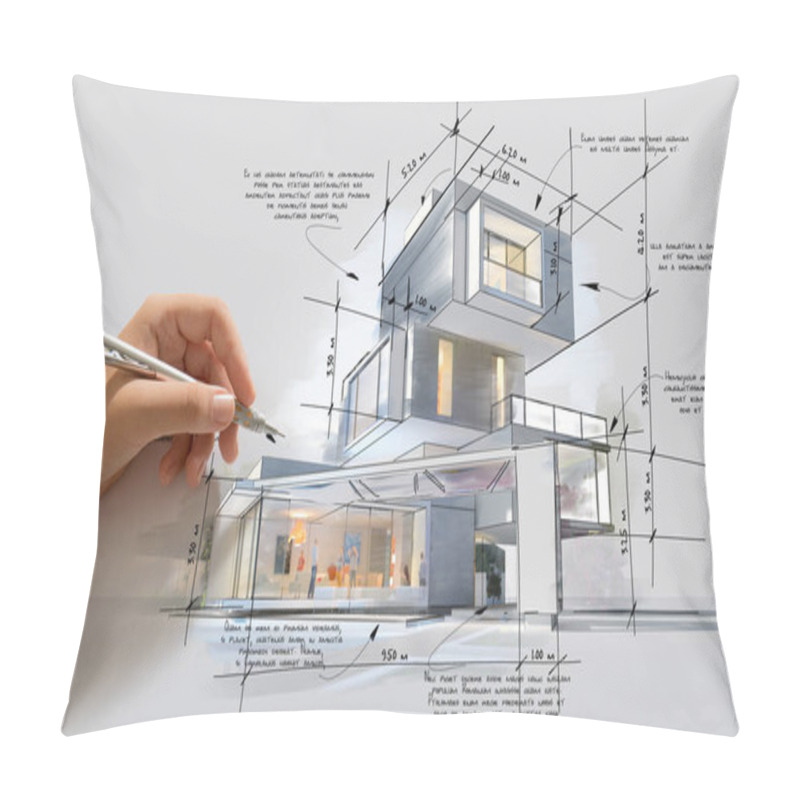 Personality  Architecture Project Showing Different Design Phases, From Handmade Rough Sketch, Construction Specifications To Realistic 3D Rendering. The Writing Is Dummy Text. Pillow Covers