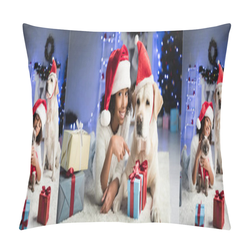 Personality  Collage Of Happy African American Girl Stroking Cat, Pointing With Finger At Christmas Gifts While Lying On Floor Near Labrador Dog On Blurred Background, Banner Pillow Covers