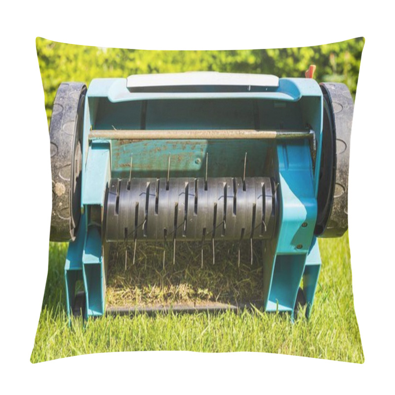 Personality  Close Up View Of Electric Lawn Aerator On Green Grass Isolated. Garden Machines Concept.  Pillow Covers