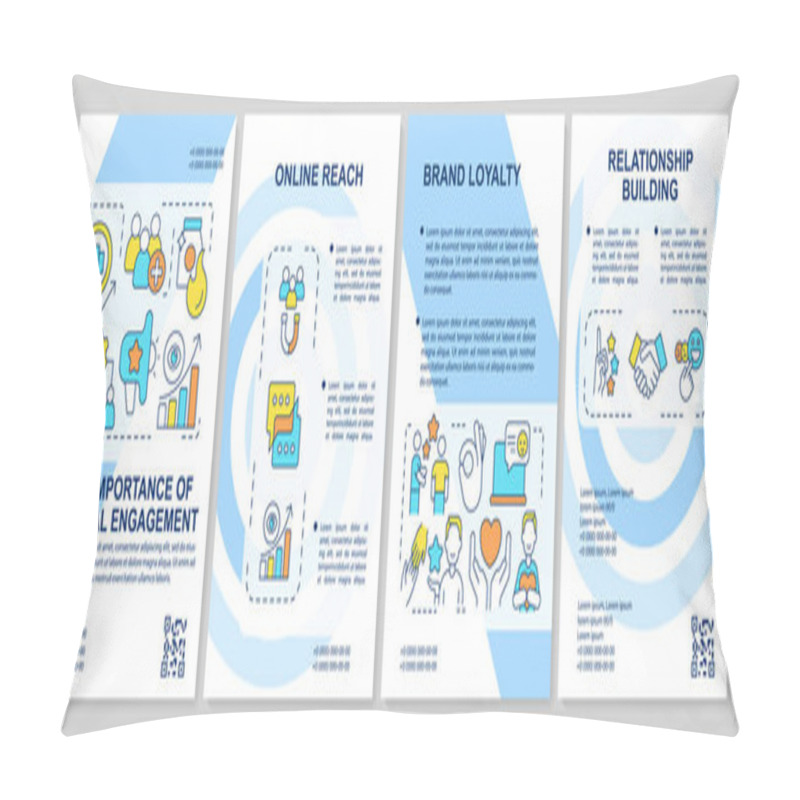 Personality  Importance Of Social Engagement Blue Brochure Template. Interaction. Leaflet Design With Linear Icons. Editable 4 Vector Layouts For Presentation, Annual Reports. Arial, Myriad Pro-Regular Fonts Used Pillow Covers