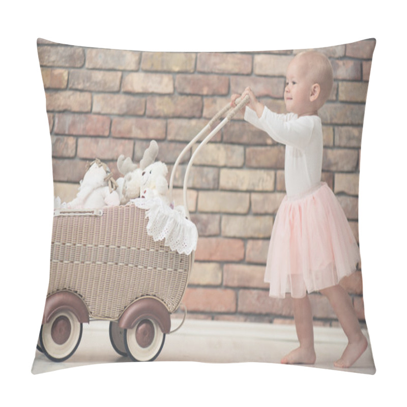 Personality  Baby Girl With Toy Baby Carriage Pillow Covers