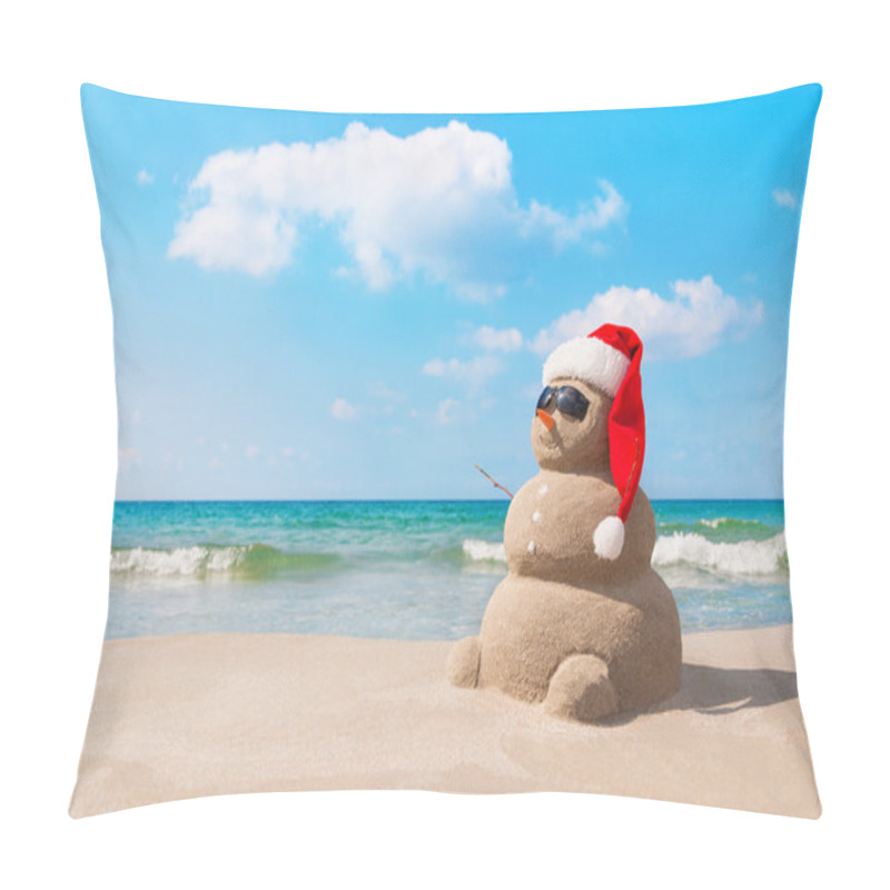 Personality  Christmas Snowman In Santa Hat At Sandy Beach Pillow Covers