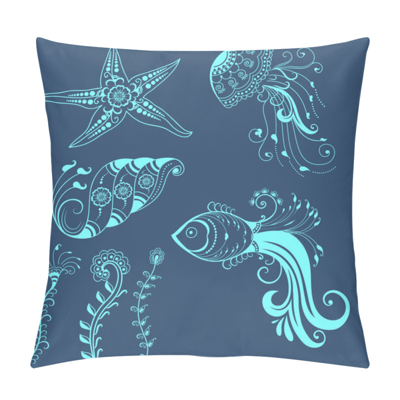 Personality  Vector Abstract Marine Creatures In Indian Mehndi Style. Abstract Henna Floral Vector Illustration. Design Element. Pillow Covers