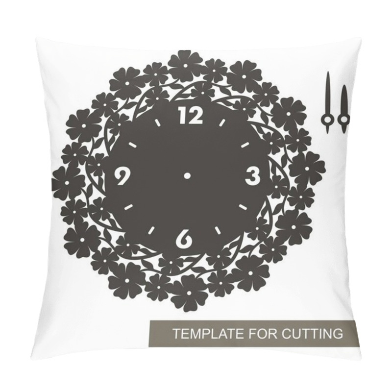 Personality  Openwork Dial With Arrows And Arabic Numerals. Silhouette Of Clock With Camomiles And Leaves On White Background. Decor For Home. Template For Laser Cutting, Wood Carving, Paper Cut And Printing. Pillow Covers