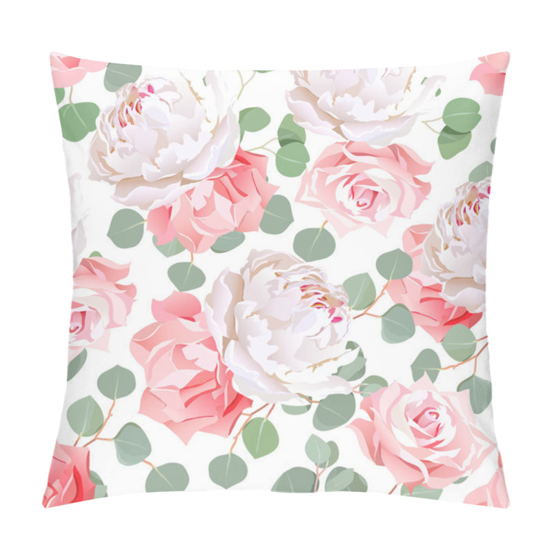 Personality  Pink Roses, Carnation, Peony And Eucaliptus Leaves Seamless Vect Pillow Covers