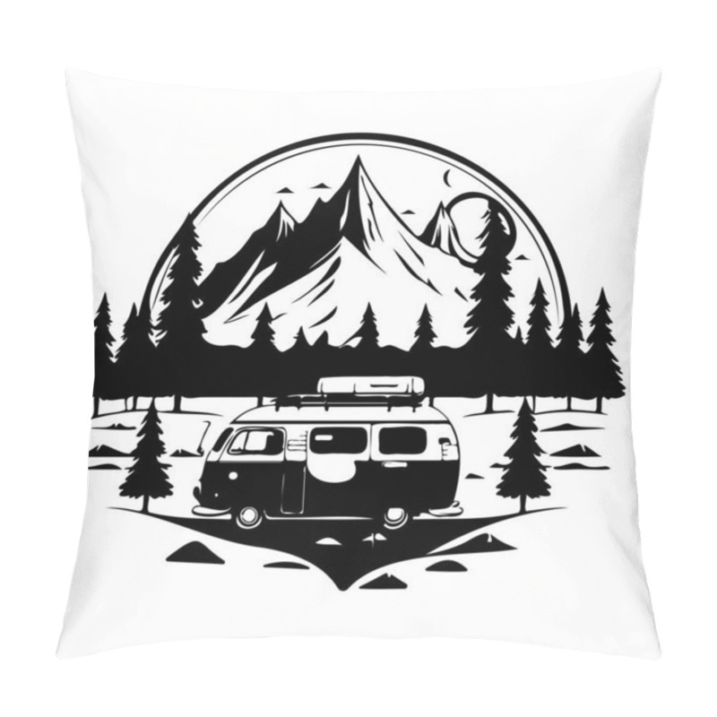 Personality  Camper Camp Camping Site With Mountains And Tree, Camping In The Woods, Campsite With Trailer Landscape In Retro Style Pillow Covers