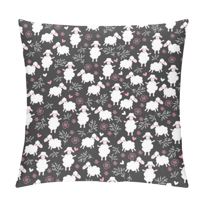 Personality  Dark Background With Lambs, Leaves, Flowers And Hearts. Vector Background With Cute Sheep And Design Elements.  Pillow Covers