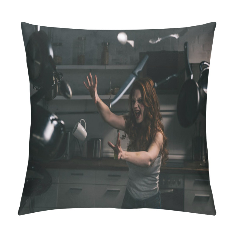 Personality  Creepy Yelling Girl Gesturing With Levitating Kitchenware In Kitchen Pillow Covers