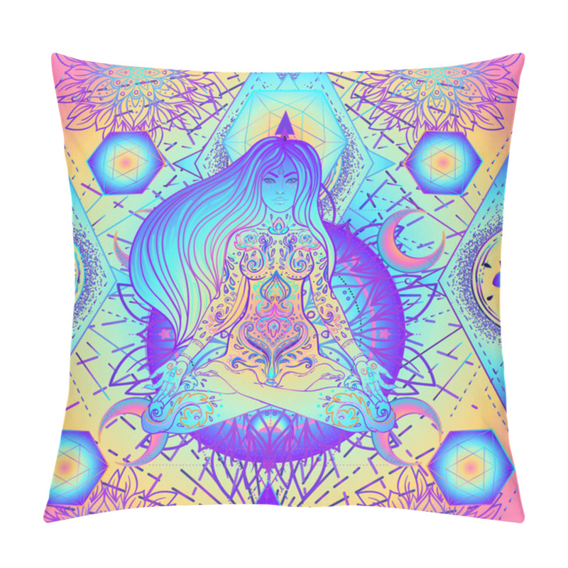 Personality  Psychedelic Seamless Pattern With Magic Girl Sitting And Meditation In Lotus Position Over Geometry. Vector Repeating Illustration. Psychedelic Concept. Esoteric Art. Pillow Covers