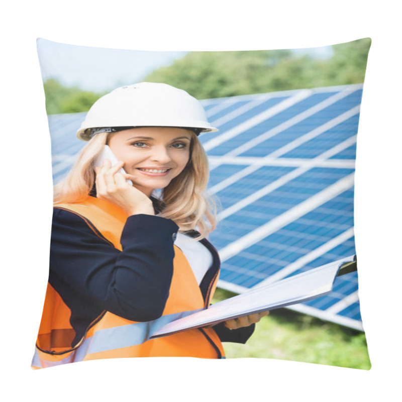 Personality  Attractive Businesswoman In Hardhat And Safety Vest Talking On Smartphone  Pillow Covers