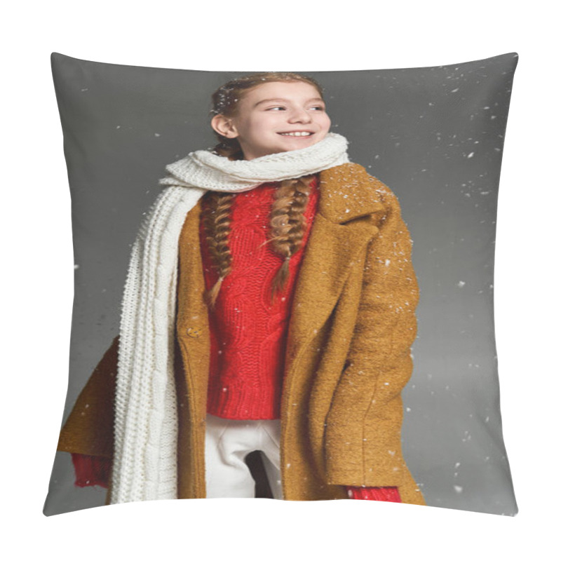 Personality  A Cheerful Young Girl In Warm Winter Clothing Enjoys The Snowy Ambiance With A Smile. Pillow Covers