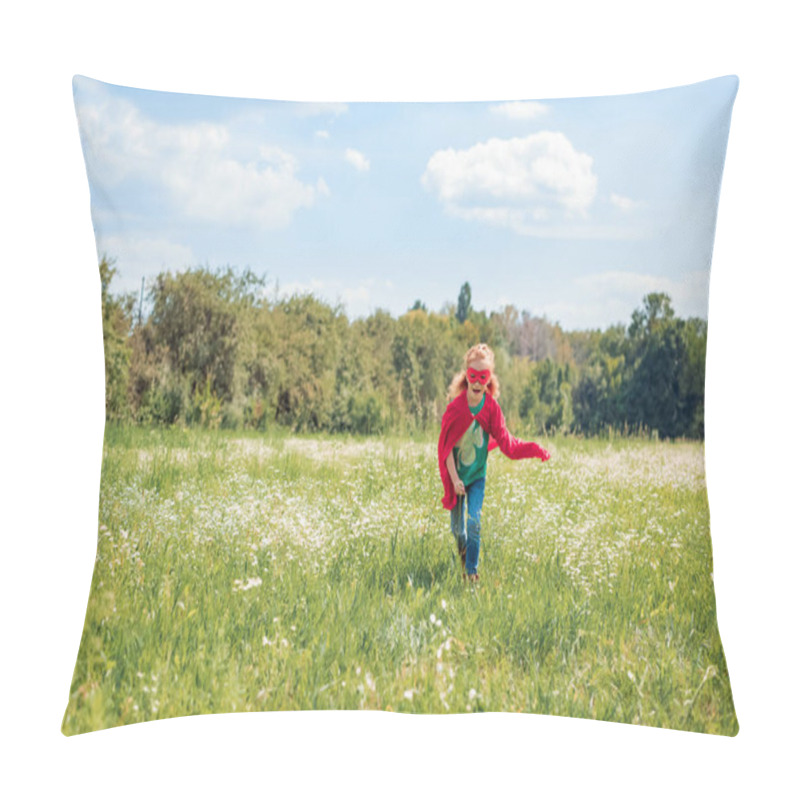 Personality  Little Kid In Red Superhero Costume Running In Meadow On Summer Day Pillow Covers