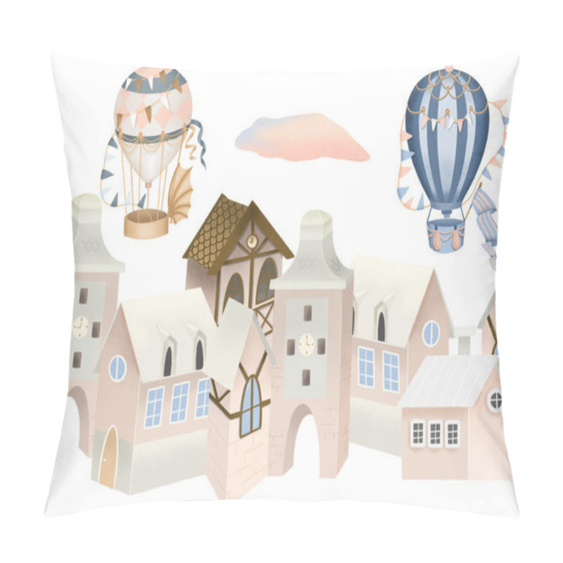 Personality  Seamless Illustration Of Cozy Pink Houses And Retro Hot Airballoons In The Sky, Festive Old Town Street, Hand Drawn On White Backround Pillow Covers