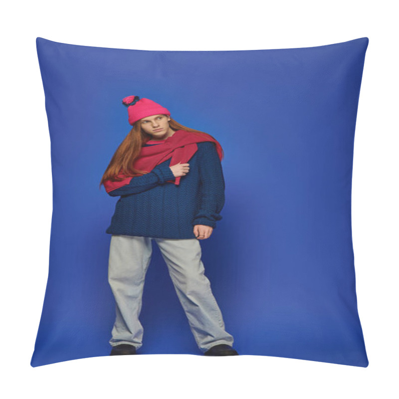 Personality  Young Man With Long Red Hair Showcases His Emotions While Wearing Vibrant Winter Clothes. Pillow Covers