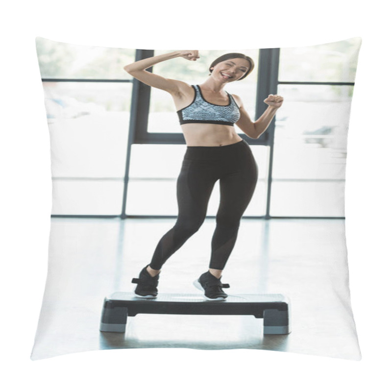 Personality  Happy Sportswoman Showing Tongue While Standing On Step Platform  Pillow Covers