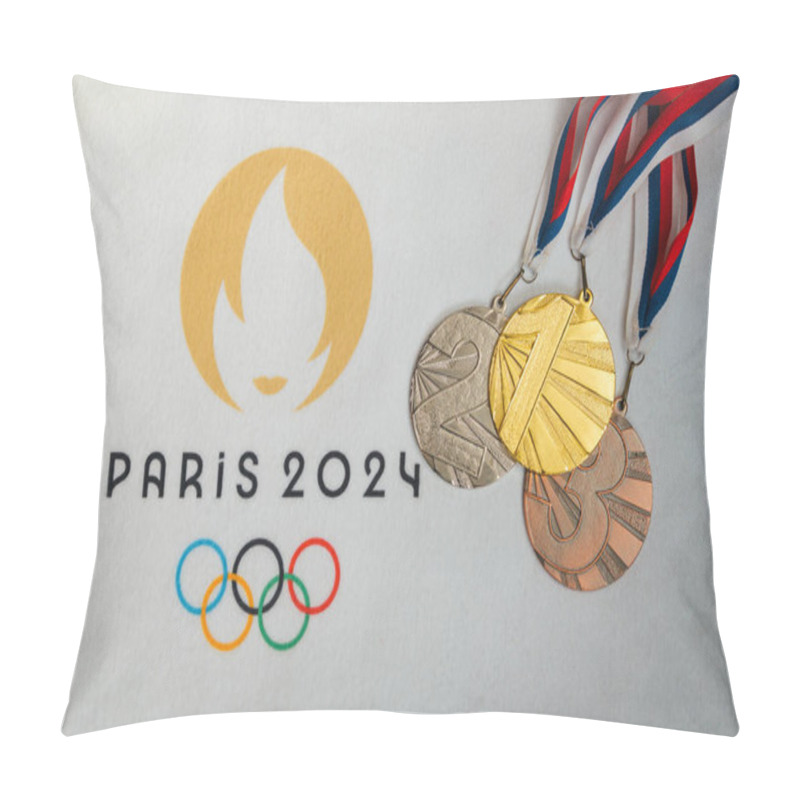 Personality  PARIS, FRANCE, JANUARY 4. 2024: Paris 2024 Summer Olympics: White Blanket Showcase Featuring Gold, Silver, And Bronze Medals With Official Logo Pillow Covers