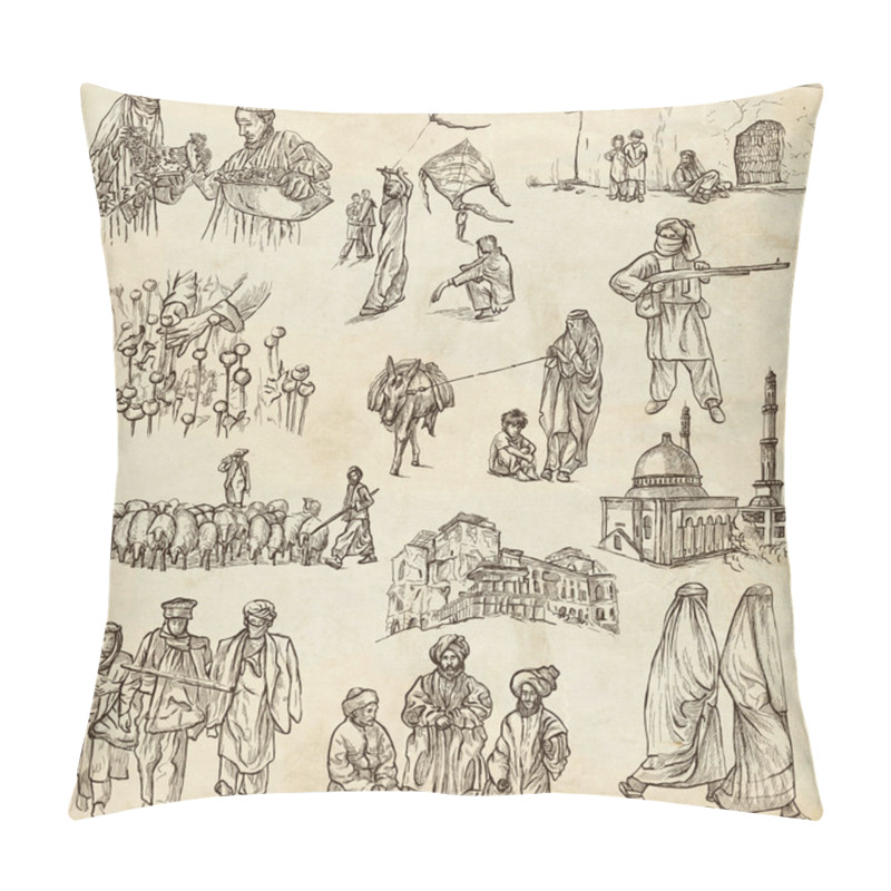 Personality  Afghanistan: Travel Around The World. An Hand Drawn Illustration Pillow Covers