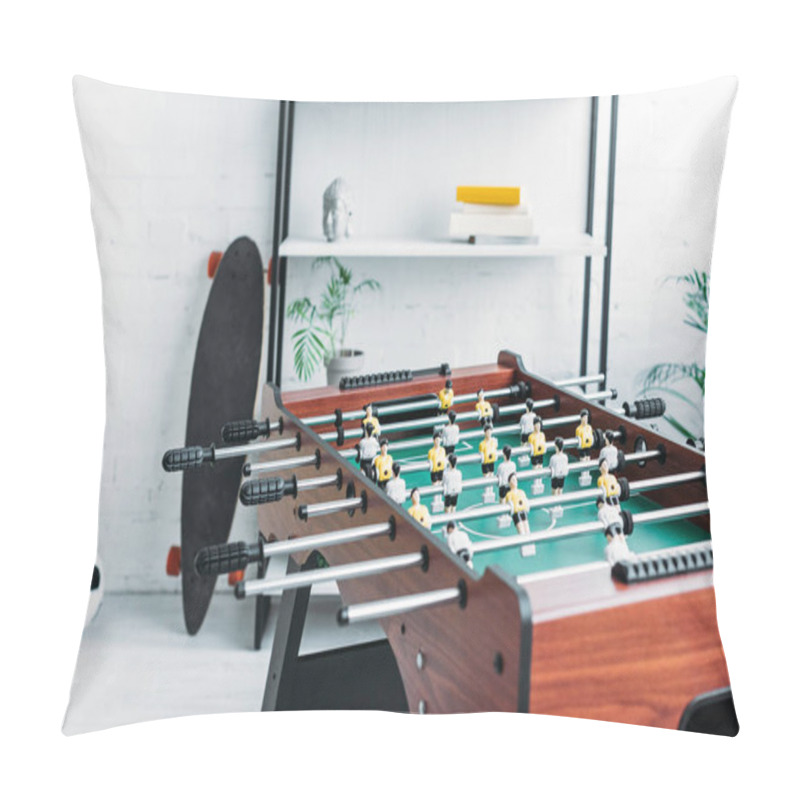 Personality  Football Table With Shelving Rack, Longboard And Soccer Ball On Background Pillow Covers