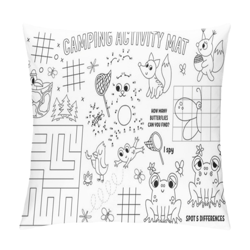 Personality  Vector Camping Placemat For Kids. Summer Camp Holidays Printable Activity Mat With Maze, Tic Tac Toe Charts, Connect The Dots, Find Difference. Black And White Play Mat Or Coloring Page With Animal Pillow Covers