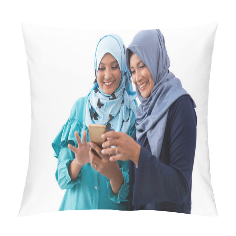 Personality  Portrait Of Veiled Young Woman Showing A Smartphone To Her Mother And Together Seeing It Pillow Covers