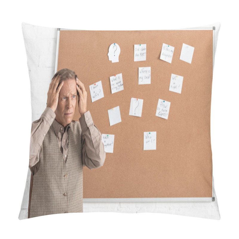 Personality  Retired Man With Alzheimer Disease Touching Head And Standing Near Board With Papers And Letters  Pillow Covers