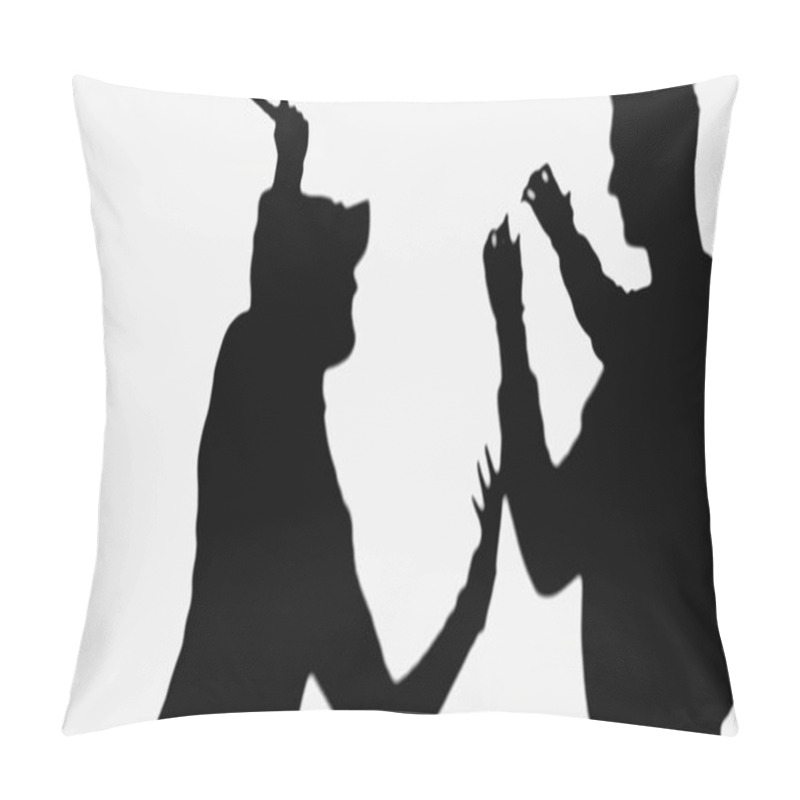 Personality  Silhouette Of Criminal Man With Knife Attacking Stranger Isolated On White Pillow Covers