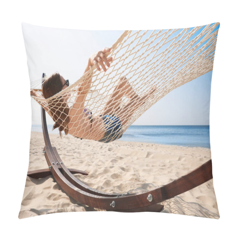 Personality  Young Woman Relaxing In Hammock On Beach Pillow Covers