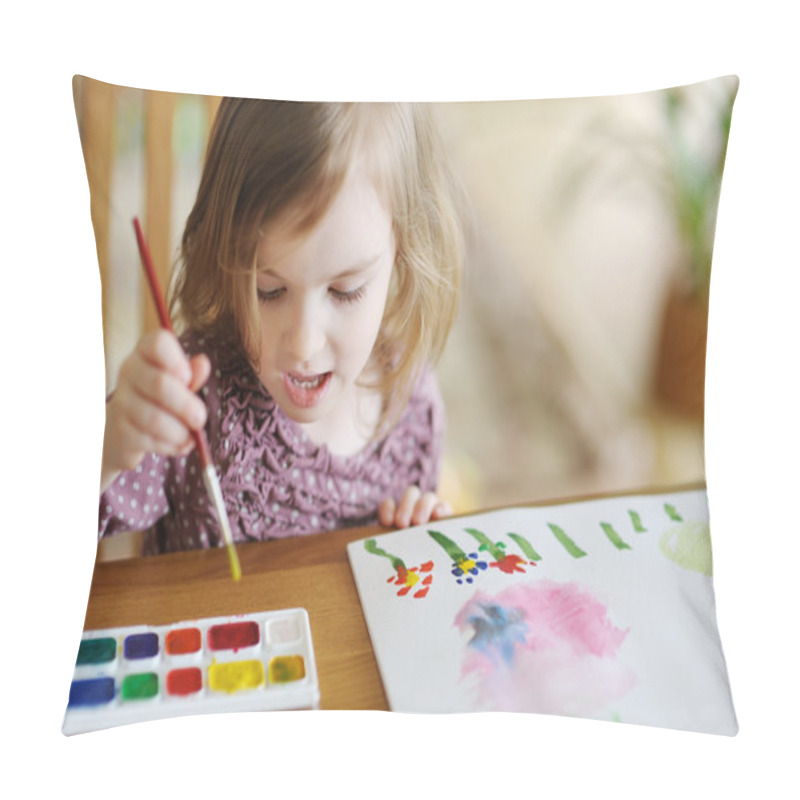 Personality  Cute Little Girl Is Drawing With Paints Pillow Covers