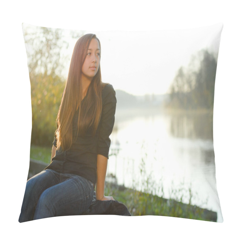 Personality  Teenage Girl Resting By River At Golden Hour Pillow Covers