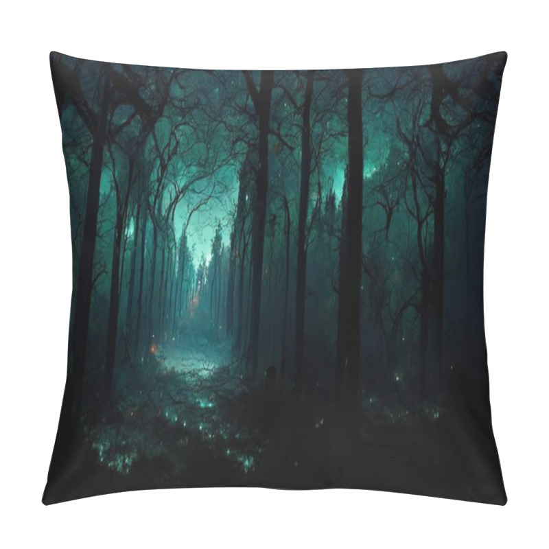 Personality  Realistic Haunted Forest Creepy Landscape At Night. Fantasy Halloween Forest Background. Surreal Mysterious Atmospheric Woods Design Backdrop. Digital Art. Pillow Covers