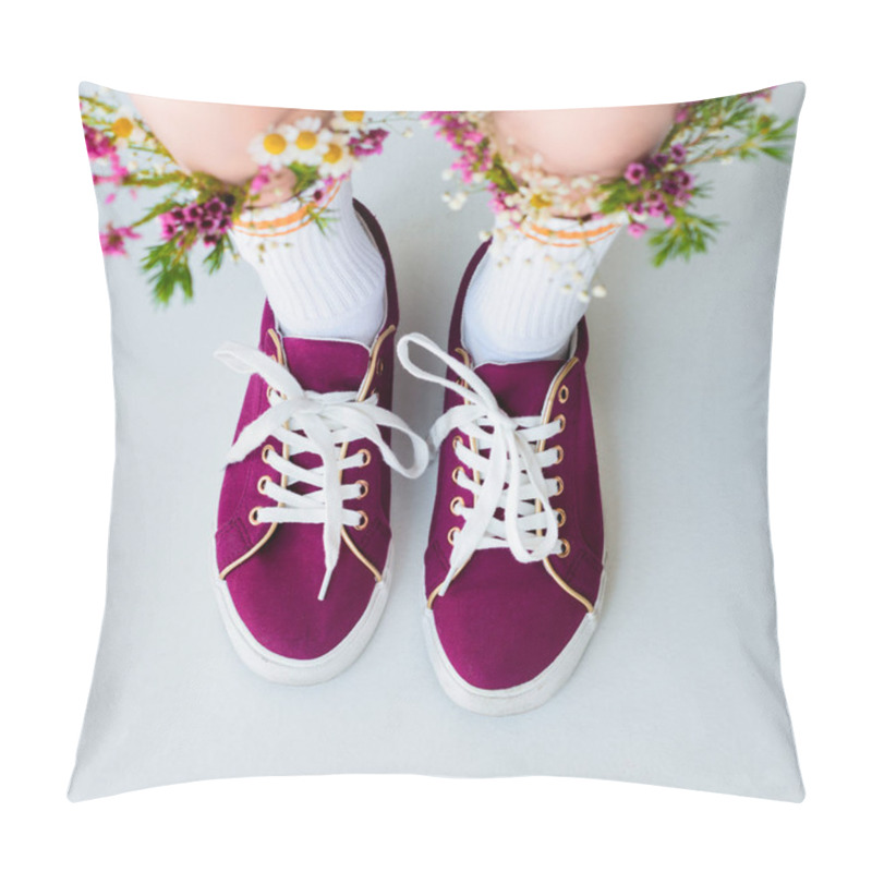 Personality  Looking Down View Of Female Legs With Fresh Flowers In Socks Isolated On Grey Pillow Covers