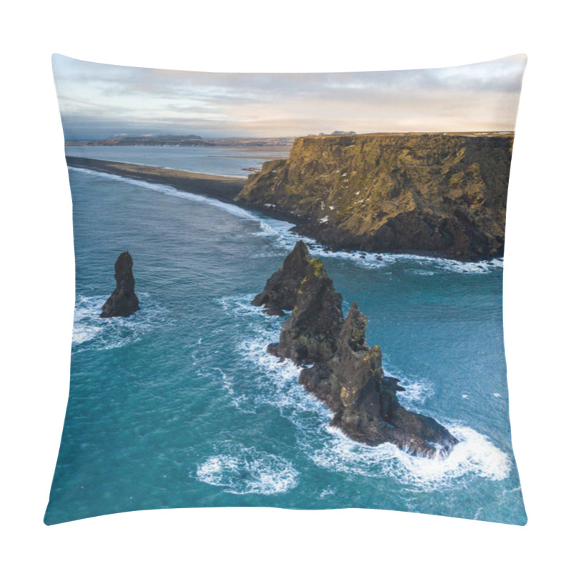 Personality  Aerial View Of The Reynisdrangar Sea Stacks Along The South Coast Of Iceland, With Dramatic Cliffs And Ocean Waves. Pillow Covers