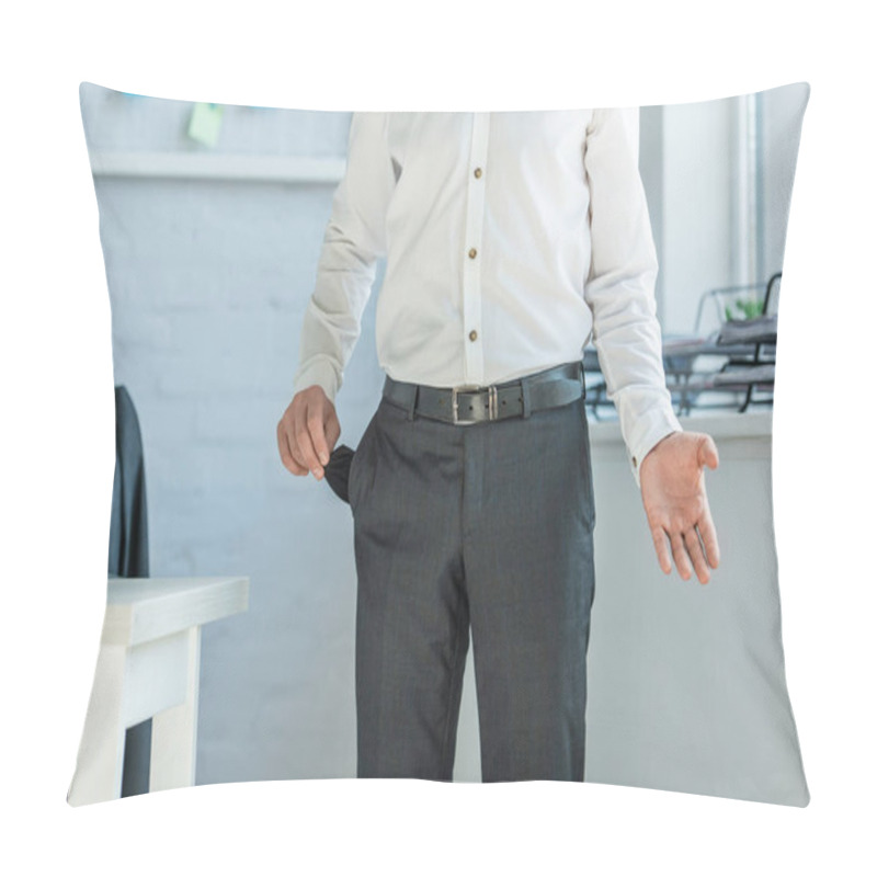 Personality  Cropped View Of Businessman Gesturing And Showing Empty Pocket, While Standing Near Workplace On Blurred Background Pillow Covers