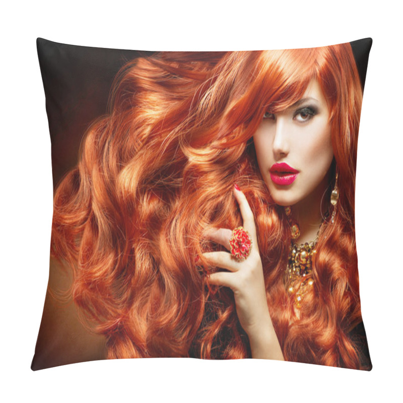 Personality  Long Curly Red Hair. Fashion Woman Portrait Pillow Covers